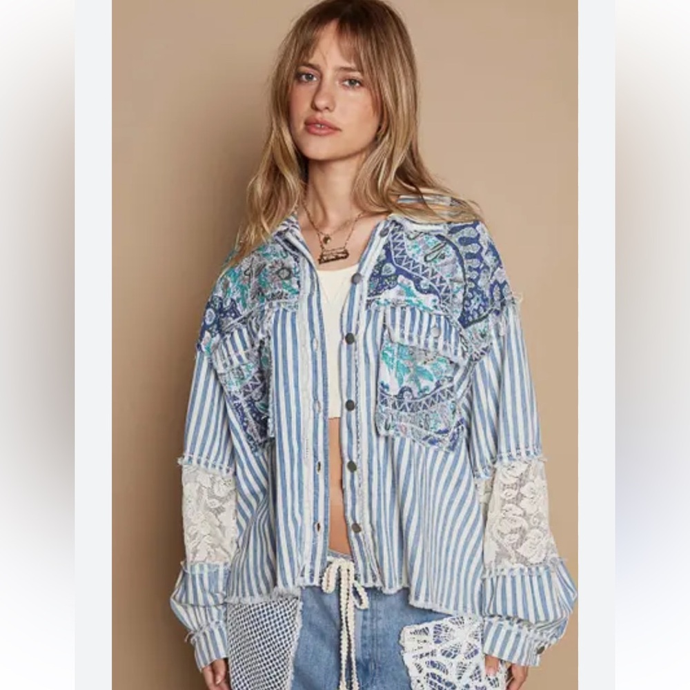 Pol S Striped Patchwork Shacket Nwot - image 7